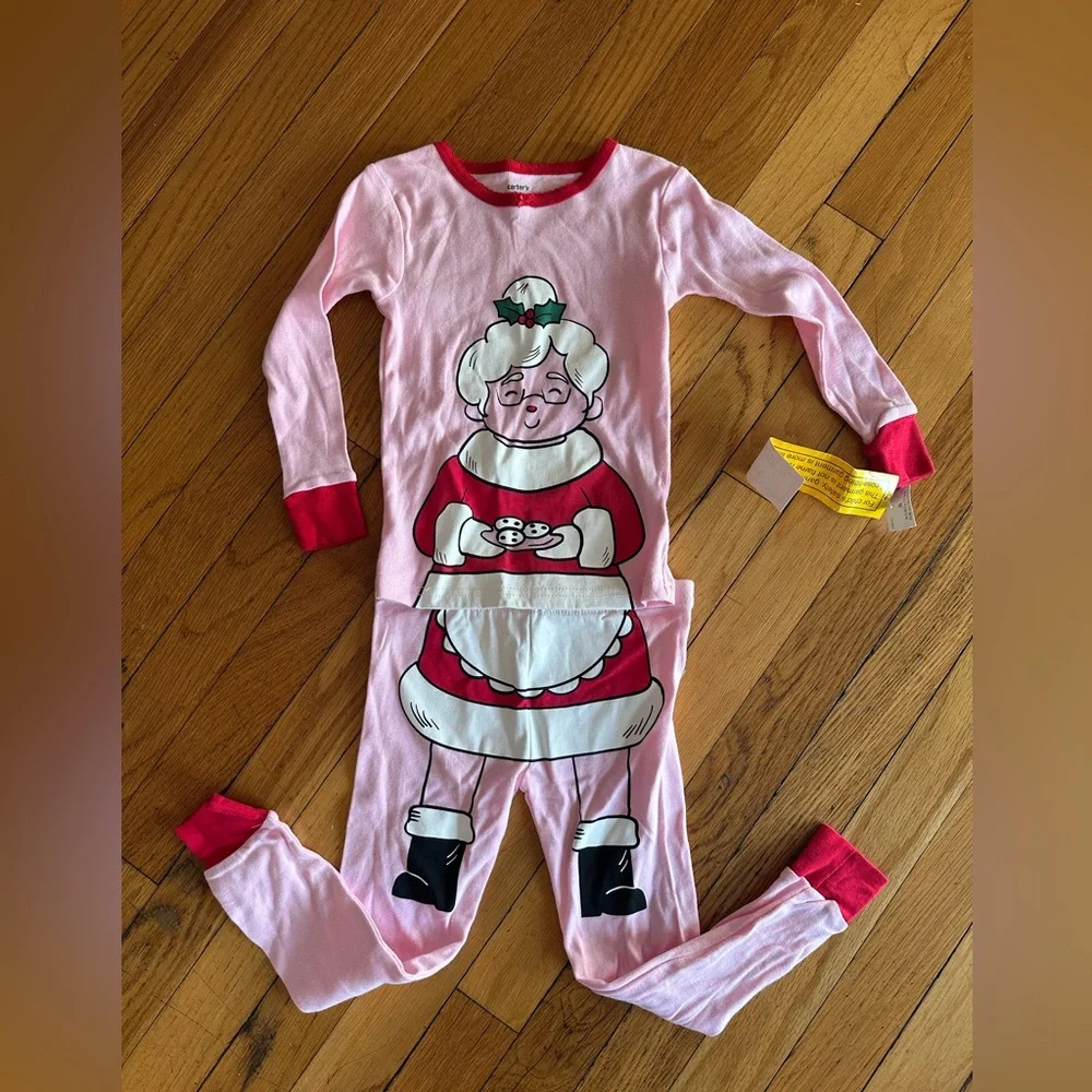 Carter's Girl’s 3T Pink Mrs. Claus w. Cookies Kids 2-Piece ChristmasPajama Set.